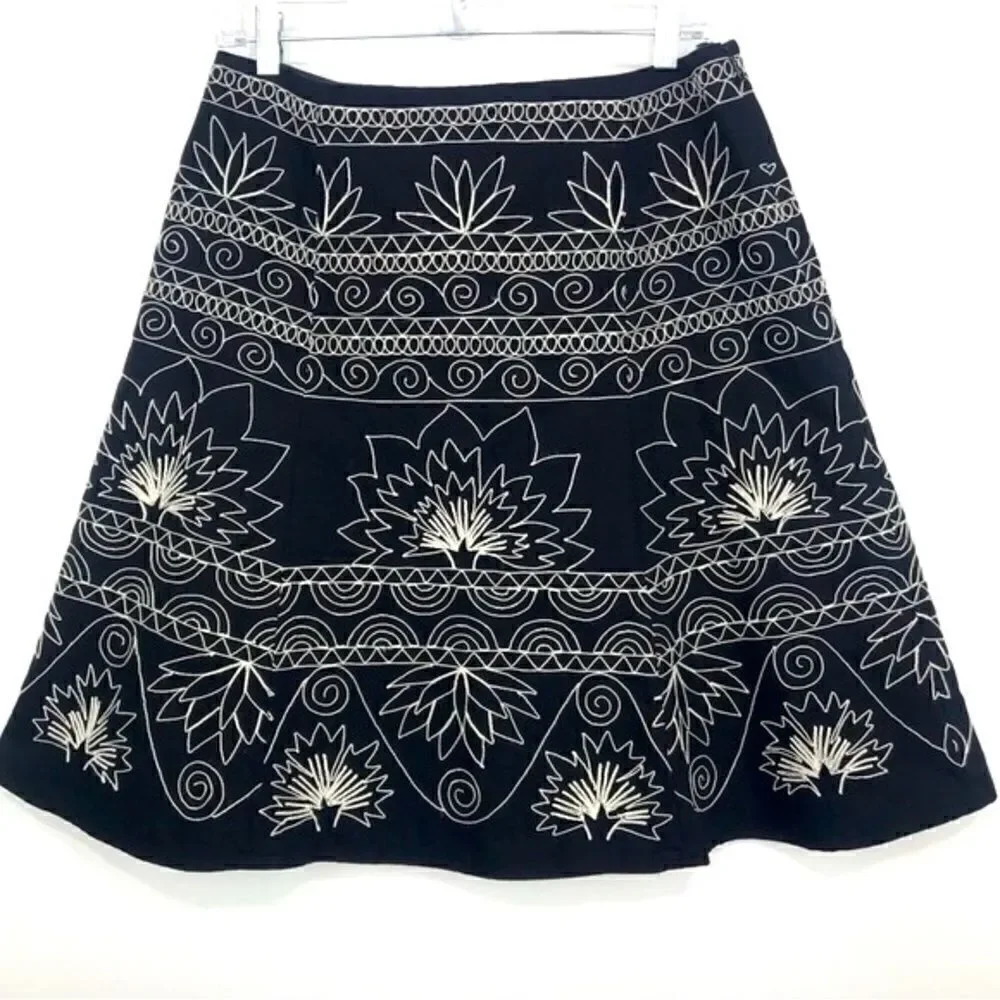 Talbots Black White Embroidered Stitch A Line Bohemian Skirt